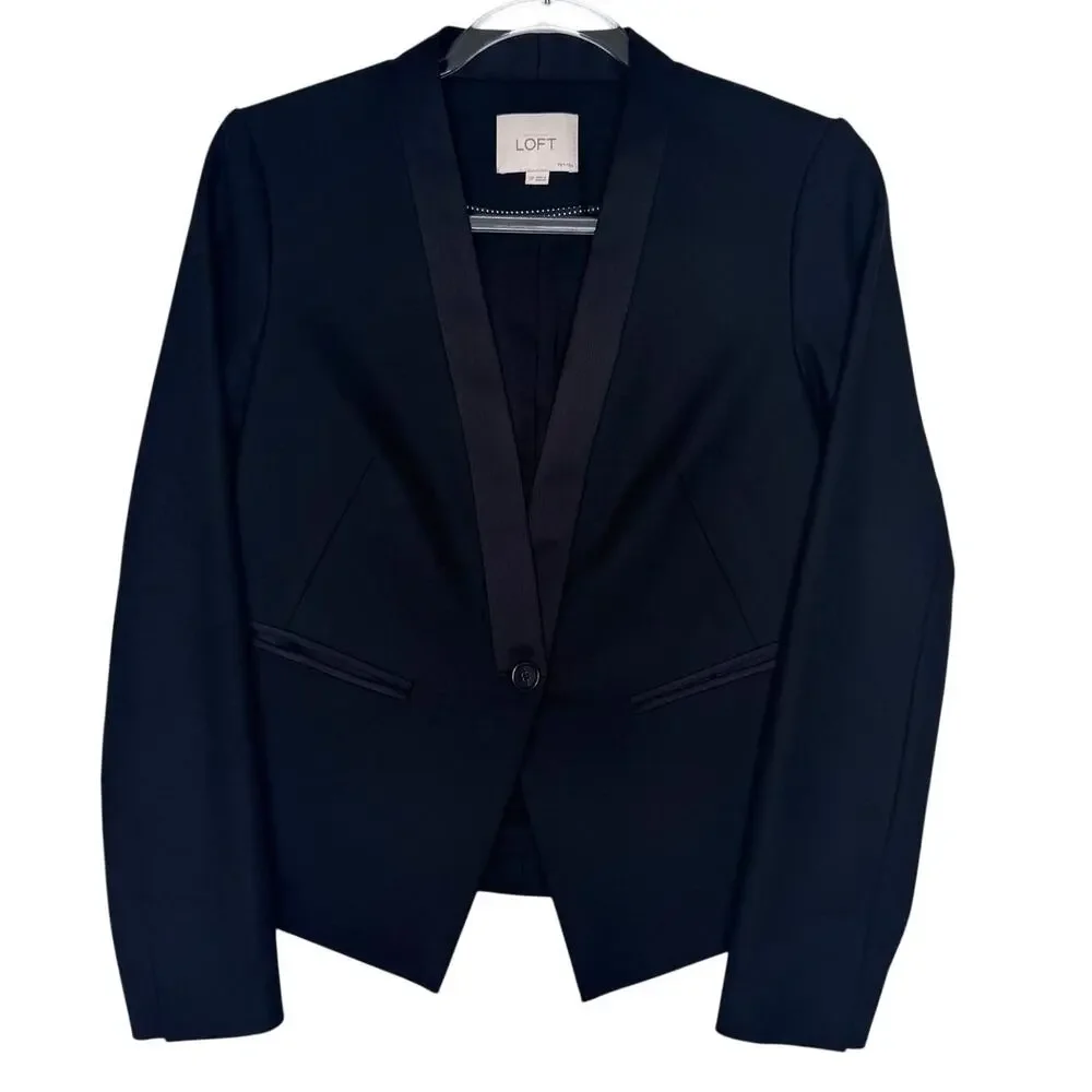 LOFT Black Tuxedo Blazer Jacket Petite 2P Satin Trim Career Formal